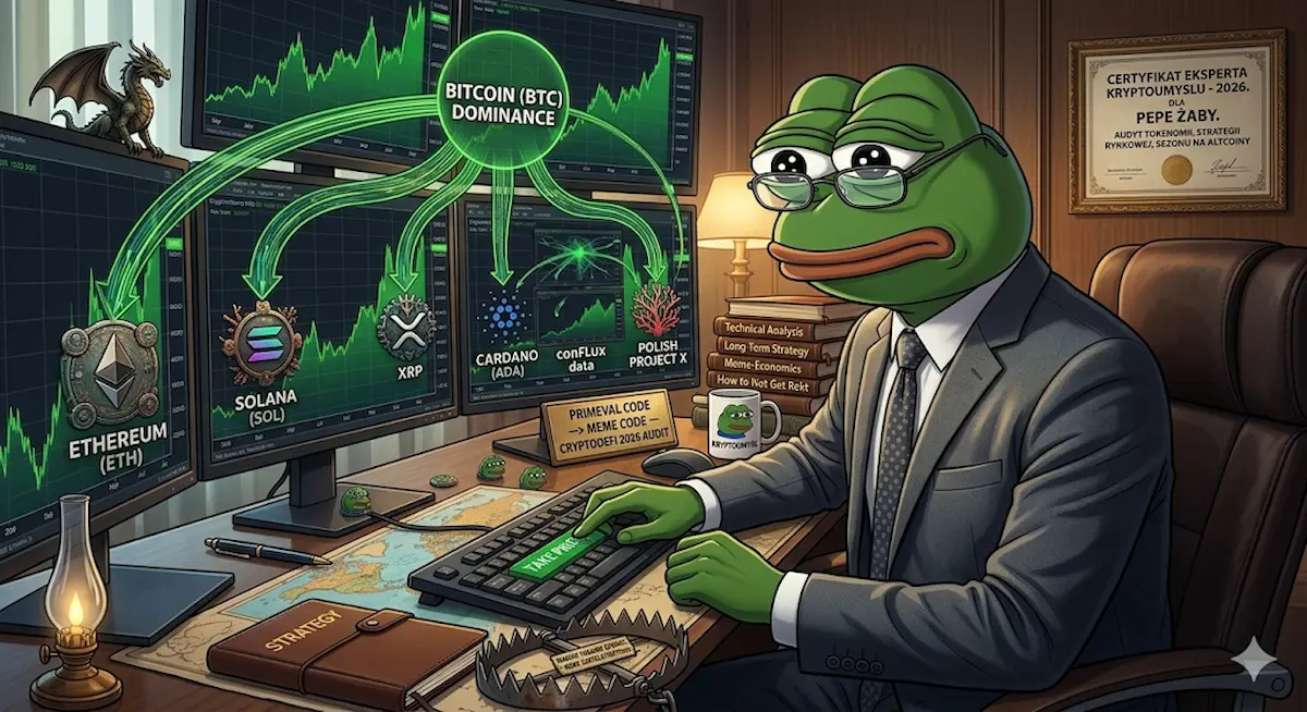 Sezon na altcoiny - Pepe jako ekspert w nowoczesnym bunkrze kontroluje mechaniczny przepływ kapitału z Bitcoina do Ethereum i Solany