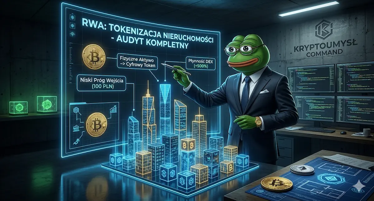 Inwestowanie w RWA - Pepe architekt projektuje cyfrowe nieruchomości na blockchainie w nowoczesnym bunkrze.
